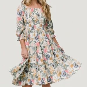 Simple Floral Smocked Tiered Midi Dress - Cream Multi